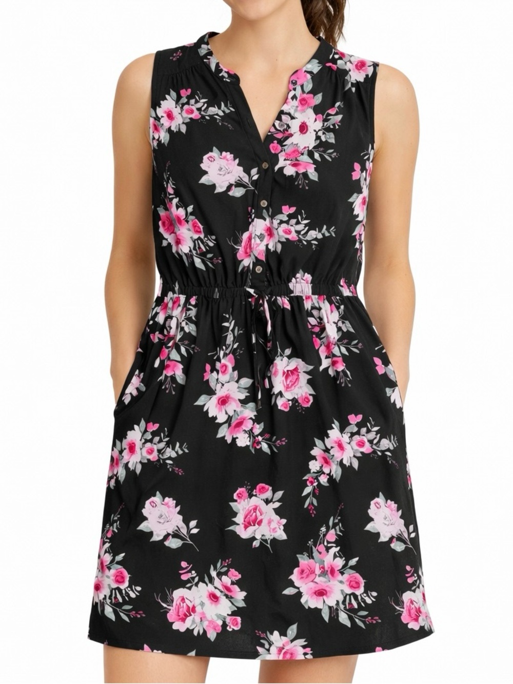 In Every Story Midi Button‑Front Black Floral Sleeveless Drawstring Dress Size X